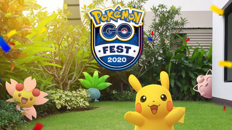 Tillkännagivande bilden för Pokémon Go Fest 2020. Den inkluderar Pikachu, Jigglypuff, Oddish och Cherrim som spelar i en trädgård.