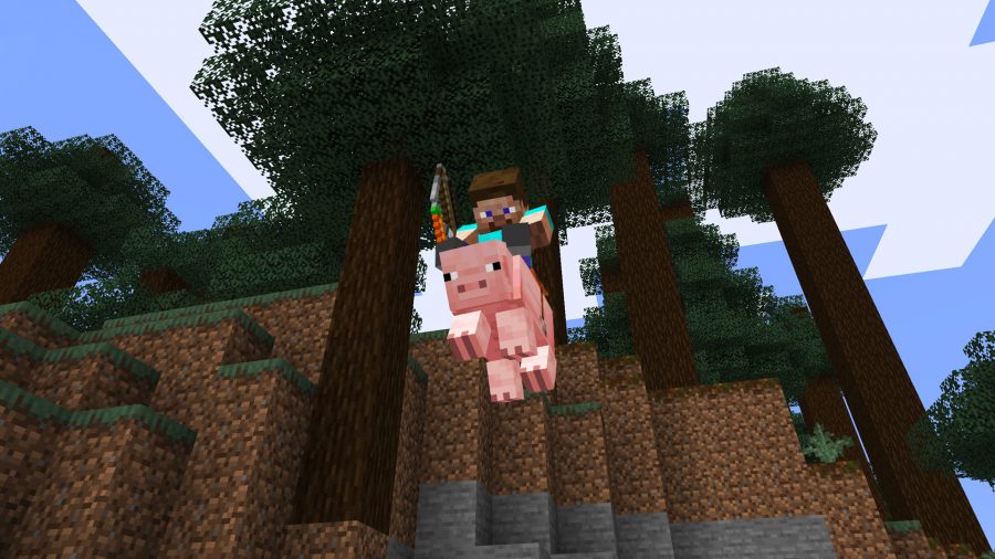 En Minecraft-karaktär som rider en gris genom luften