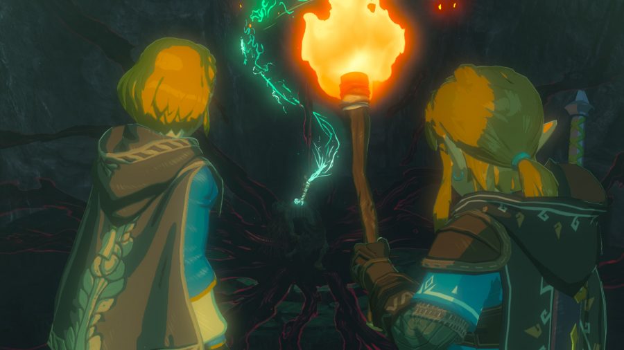 Link och Zelda går genom en grotta