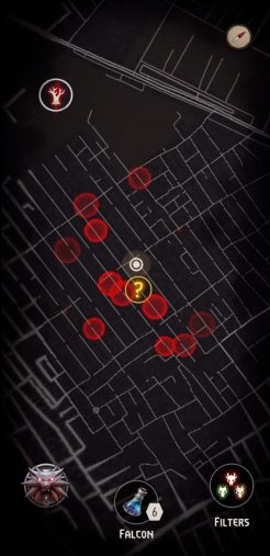 En fågelperspektiv av en stad med röda cirklar som indikerar monsteraktivitet