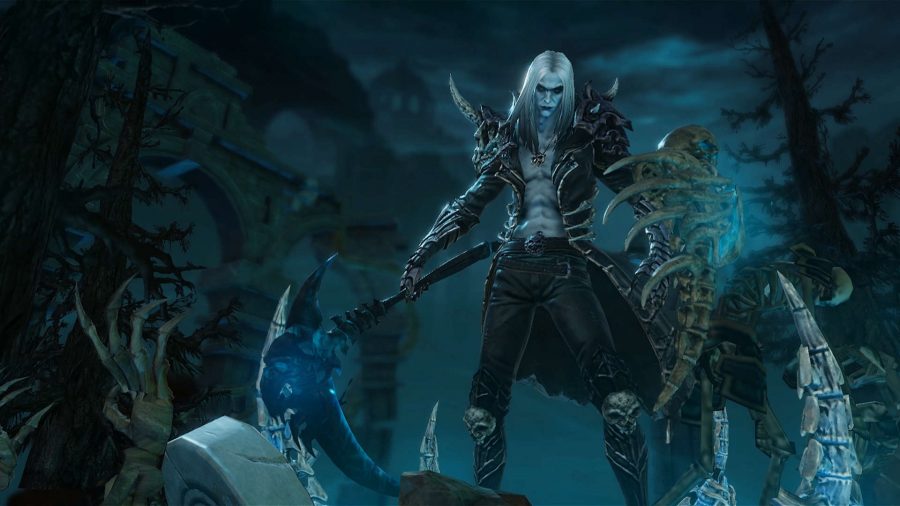 Necromancer i Diablo Immortal, poserar i en kyrkogård med en lie