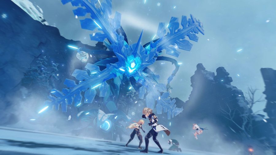 Albedo och tre andra slåss mot ett kristallmonster i snön