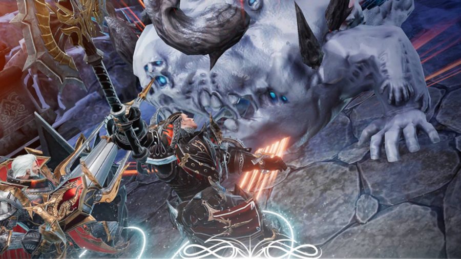Två krigare kämpar mot en demon med en massiv spöklikblå kropp och horn slumpmässigt placerade runt den i ett försök att få den att se skrämmande ut.