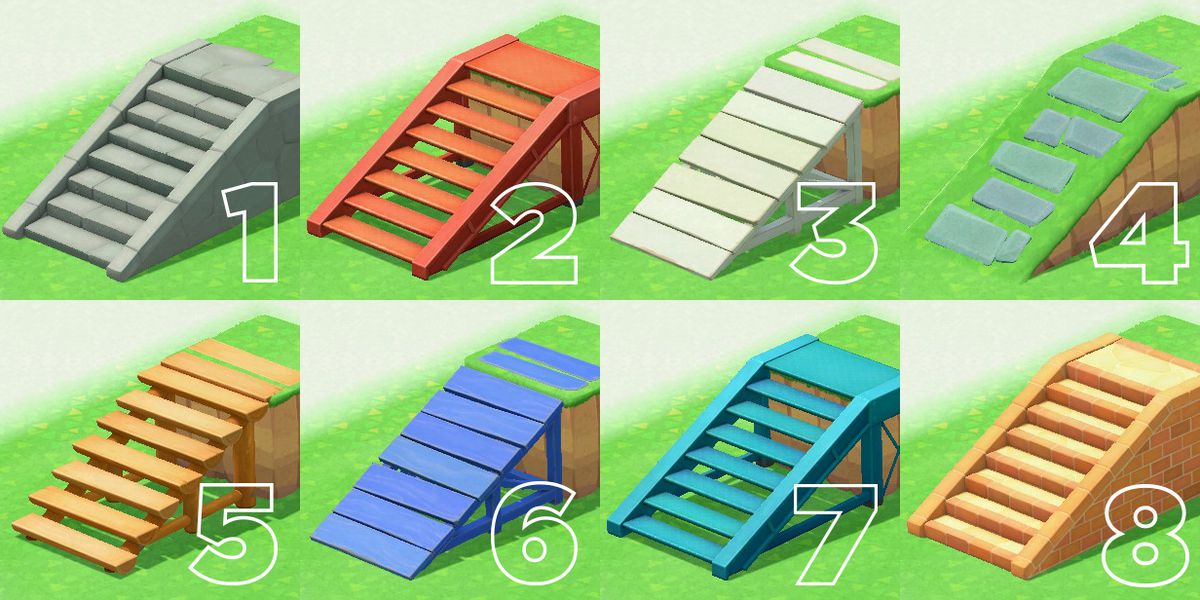 En serie trappor och ramper som alla är märkta med siffrorna en till åtta