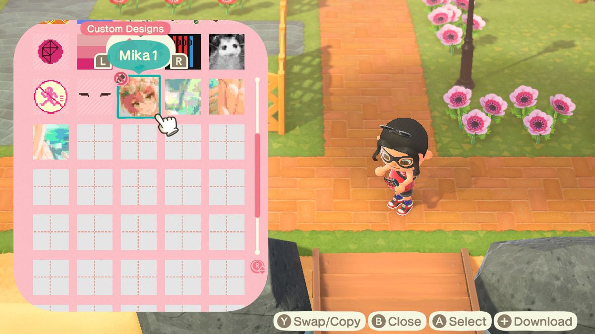En Animal Crossing-karaktär tittar på hennes mönster på sin telefon