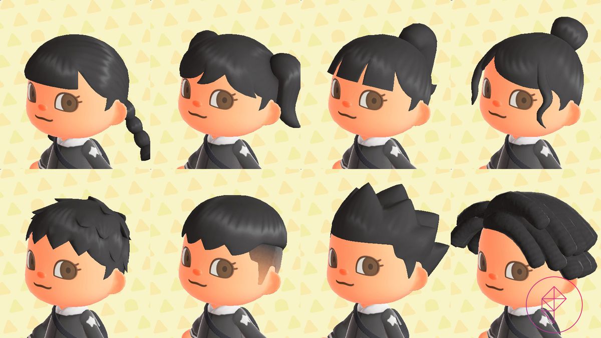 En Animal Crossing-karaktär som visar upp åtta frisyrer, allt från en rörig bulle till dreadlocks