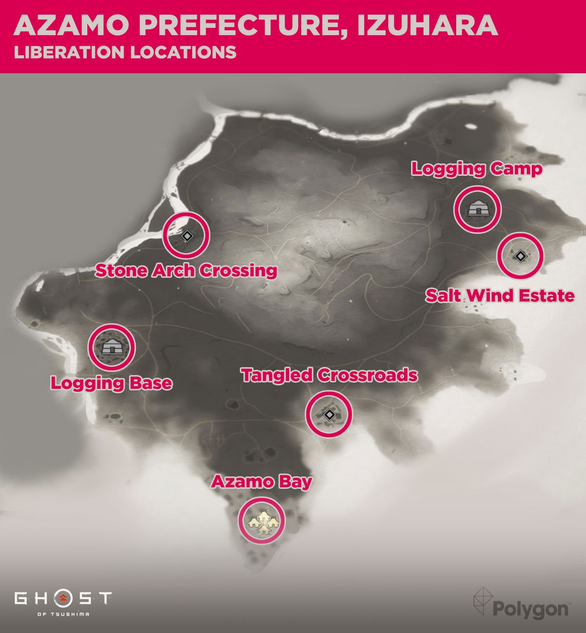 Azamo-prefekturen i Ghost of Tsushima och de områden som behöver befrias inklusive: Azamo By, skogsbasen, stenbågskorsningen, trassligt vägskäl, Salt Wind Estate och logglägret.