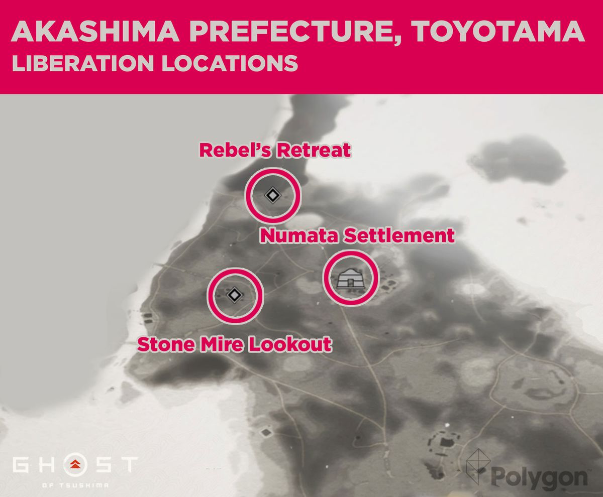 Akashima befrielseplatser i Ghost of Tsushima inklusive: Stone Mire Lookout, Numata Settlement och Rebel