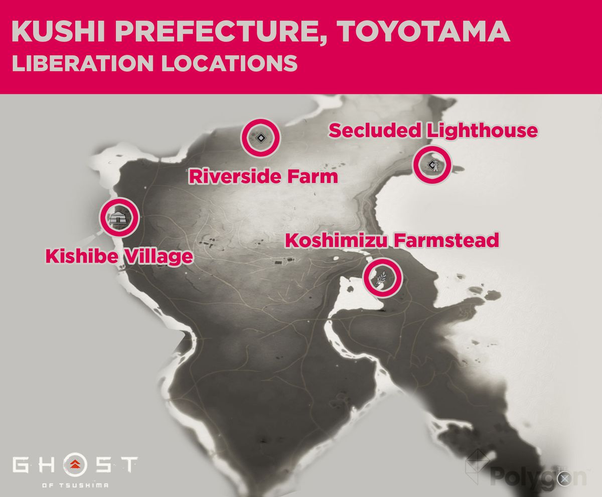 Befrielseplatser för Kushi-prefekturen inklusive: Koshimizu Farmstead, Kishibe Village, Riverside Farm och Secluded Lighthouse. 