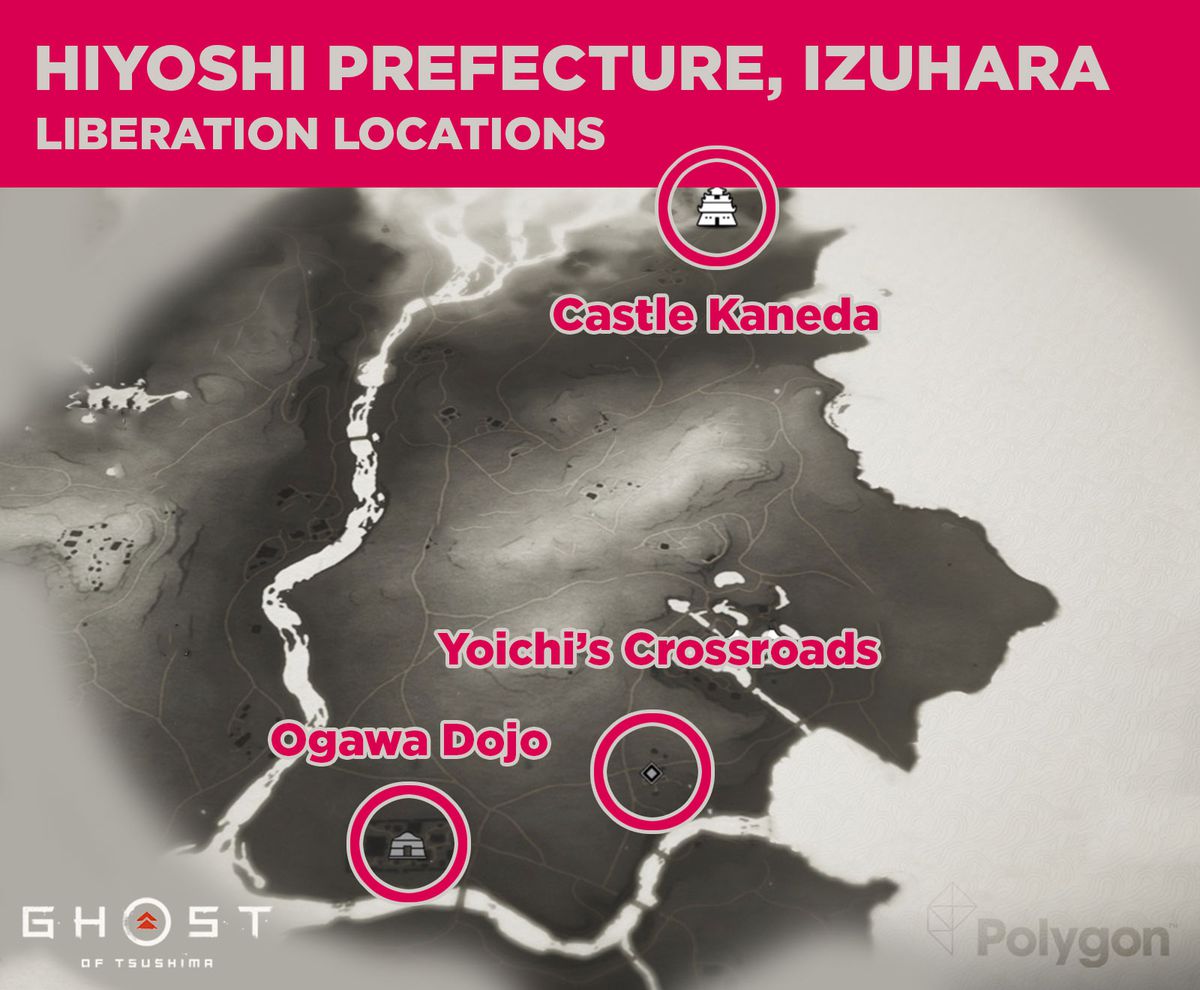 Hiyoshi-prefekturen i Ghost of Tsushima och dess områden som behöver befrias inklusive: Ogawa Dojo, Yoichis Crossroads och Castle Kaneda. 