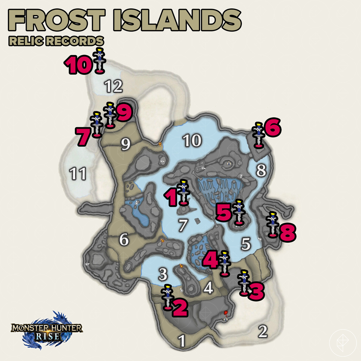 Monster Hunter Rise guide: Frost Island samlarobjekt relikar poster platser