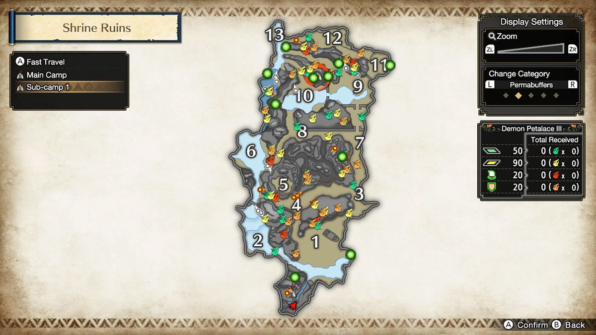 Shrine Ruins-karta i Monster Hunter Rise som visar skimrande röda bärplatser för 