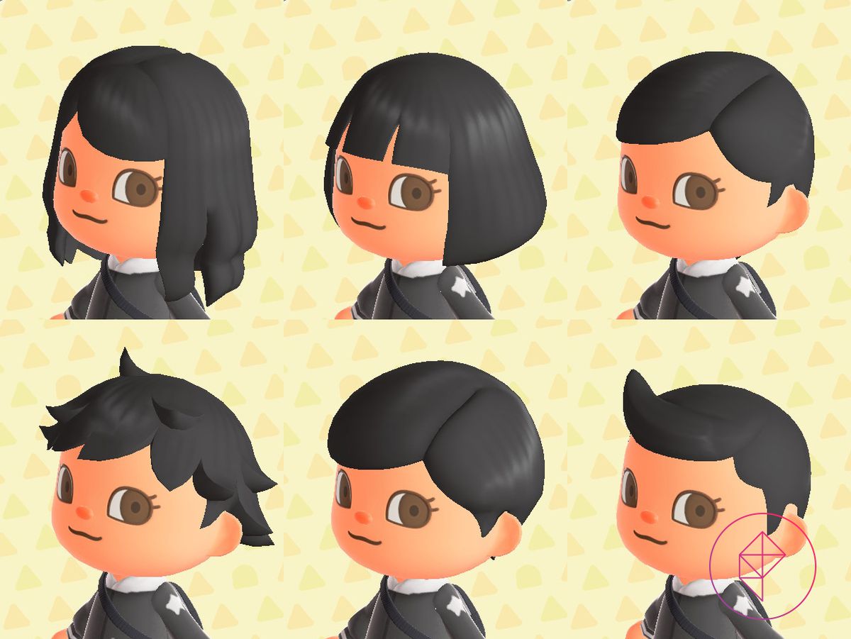 Sex frisyrer på en Animal Crossing bybor, inklusive en rörig genväg och långt vågigt hår