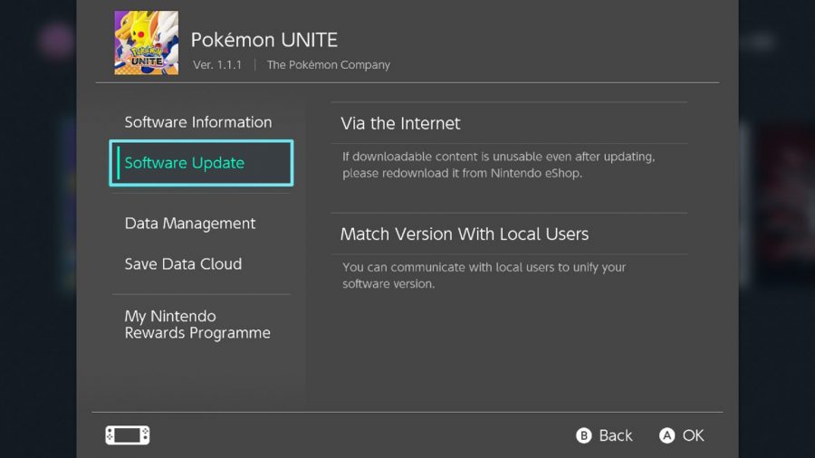 Uppdateringsskärmen för Pokémon Unite