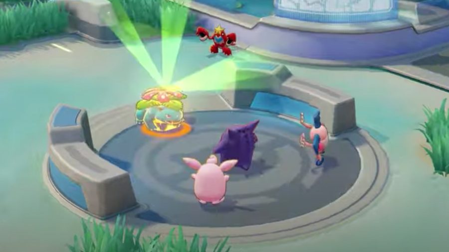 Pokémon Unite's Venusaur attackerar Wigglytuff, Gengar och Mr. Mime