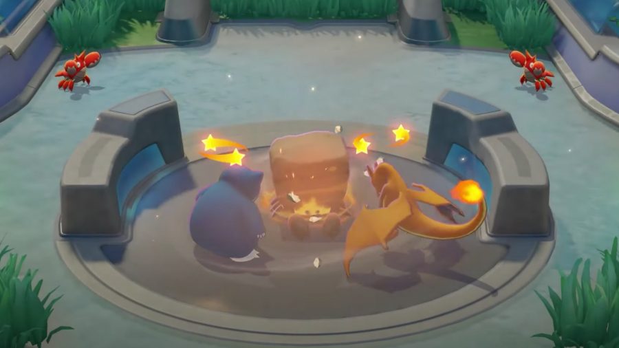 Pokémon Unite's Crustle i en kamp med Snorlax och Charizard