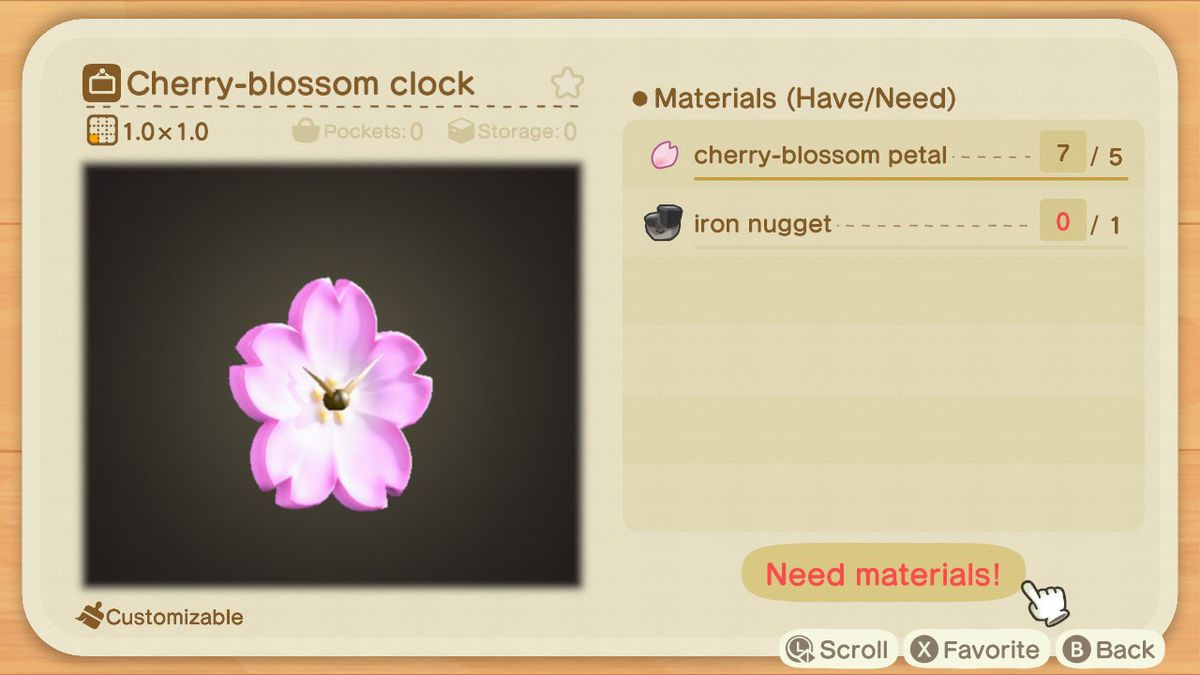 En hantverksskärm i Animal Crossing som visar hur man gör en Cherry-blossom Clock