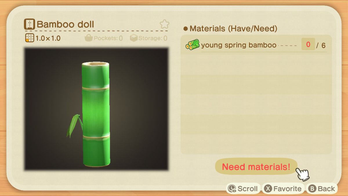 En Animal Crossing -skärm för att skapa en bambudocka
