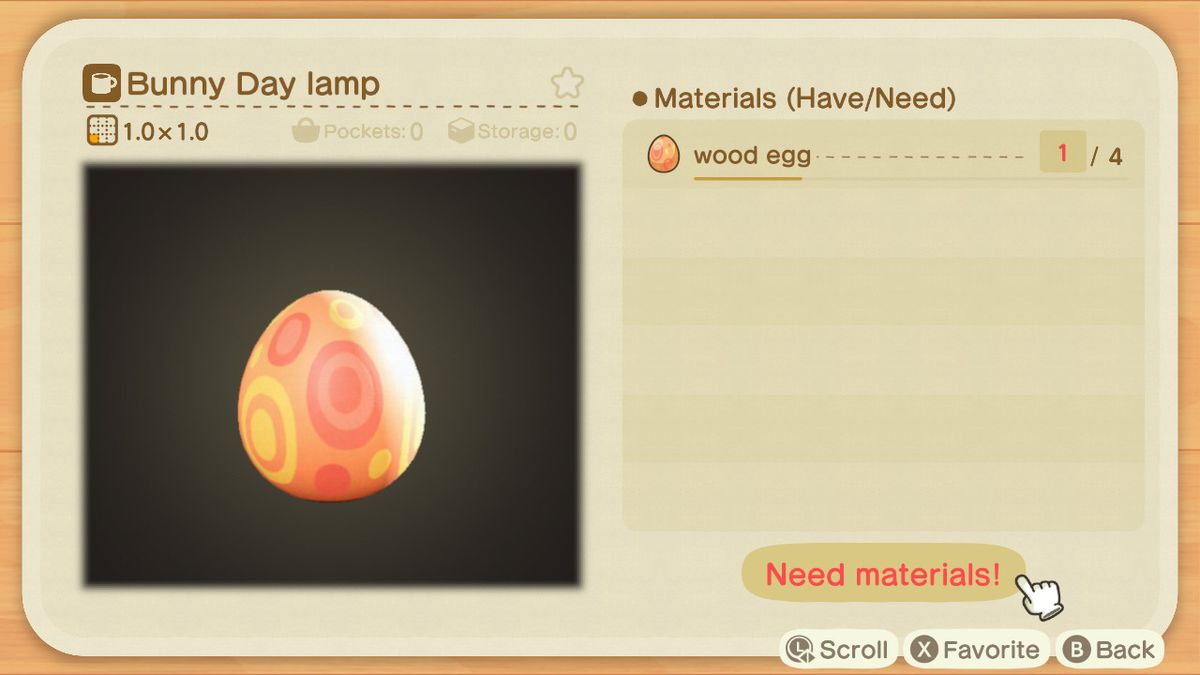 En hantverksskärm i Animal Crossing som visar hur man gör en Bunny Day Lamp