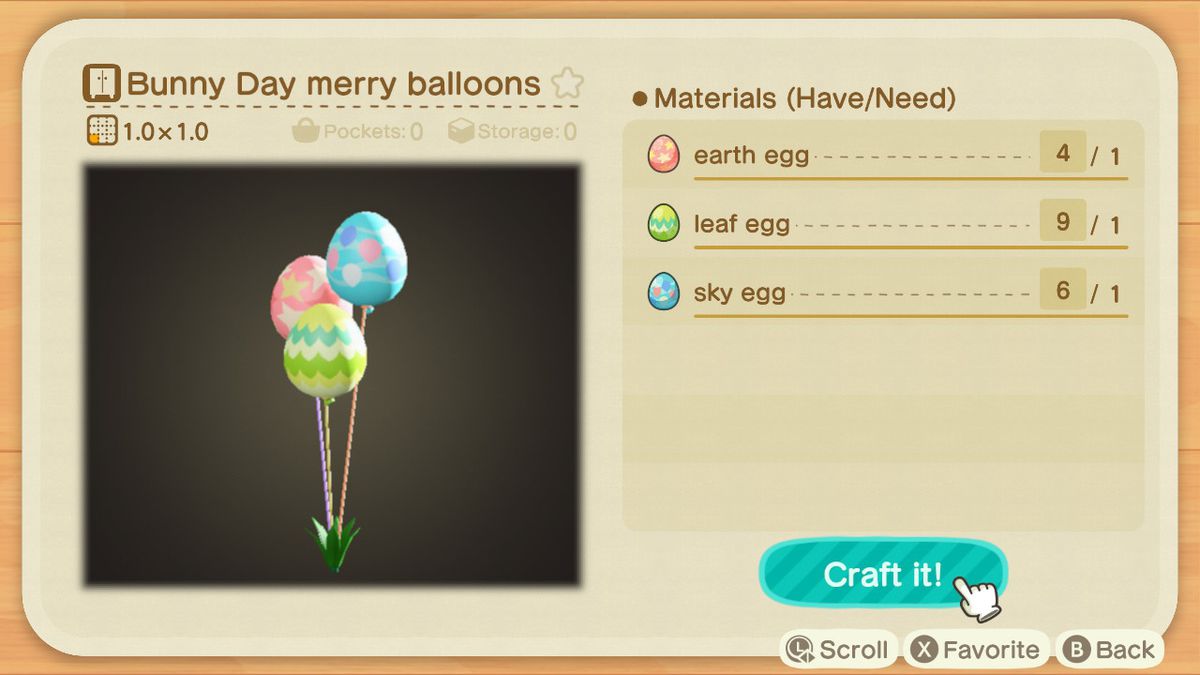 En hantverksskärm i Animal Crossing som visar hur man gör Bunny Day Merry Balloons