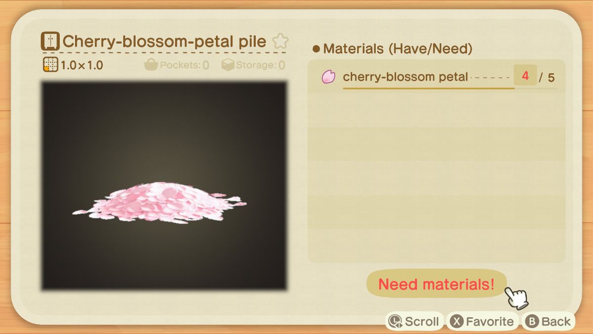 En hantverksskärm i Animal Crossing som visar hur man gör en Cherry-blossom Petal Pile