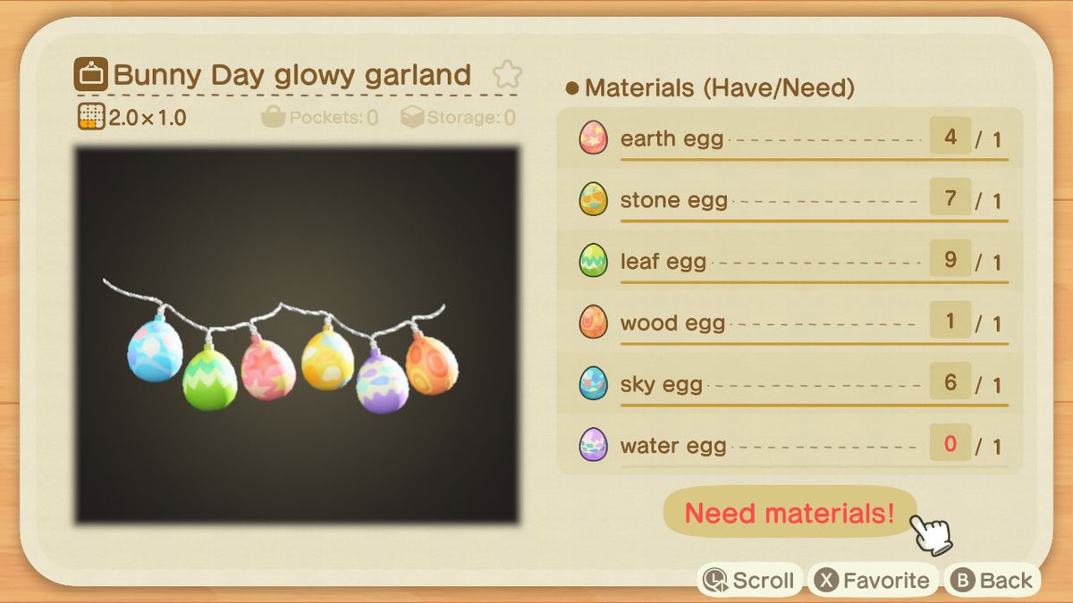 En hantverksskärm i Animal Crossing som visar hur man gör en Bunny Day Glowy Garland