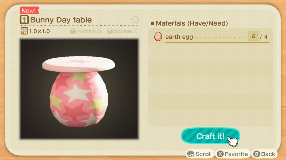 En hantverksskärm i Animal Crossing som visar hur man gör ett kaninbord