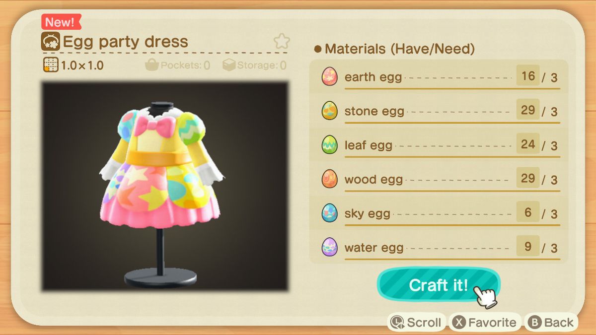 En hantverksskärm i Animal Crossing som visar hur man gör en äggfestklänning