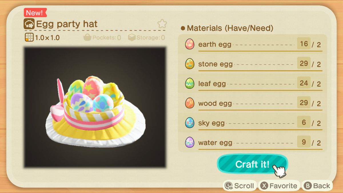 En hantverksskärm i Animal Crossing som visar hur man gör en äggfesthatt