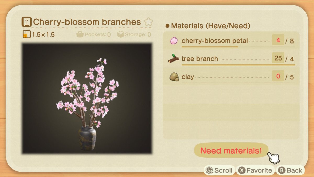 En Animal Crossing-skärm för skärning av körsbärsblommiga grenar