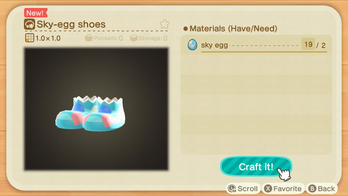 En skärm i Animal Crossing som visar hur man gör ett Sky-Egg Shoes