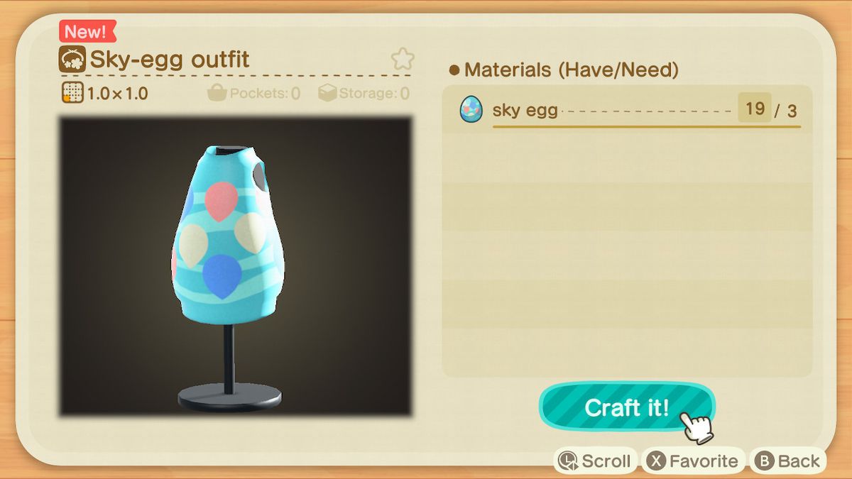 En skärm i Animal Crossing som visar hur man gör en Sky-Egg Outfit