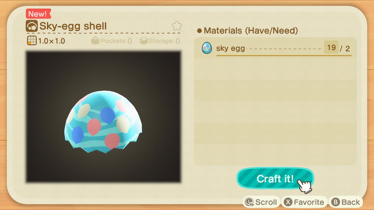 En skärm i Animal Crossing som visar hur man gör ett Sky-Egg Shell