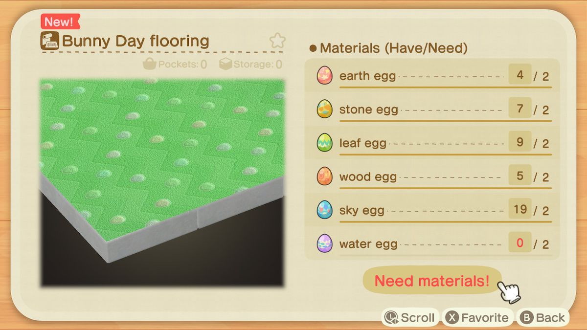 En hantverksskärm i Animal Crossing som visar hur man gör Bunny Day Flooring