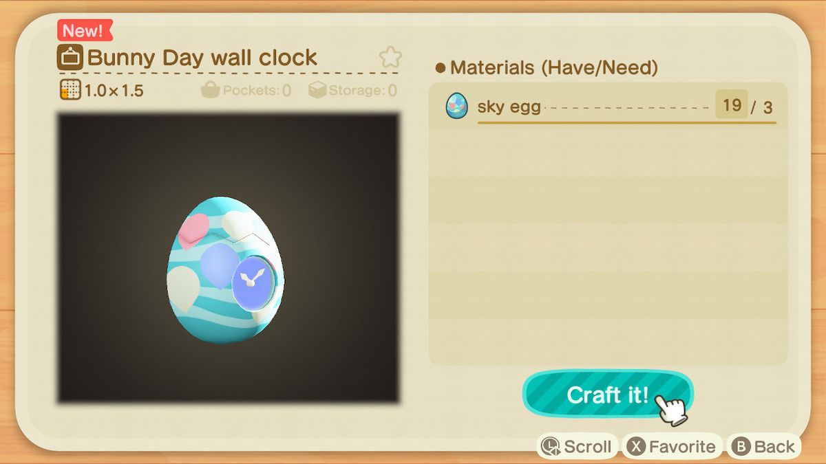 En hantverksskärm i Animal Crossing som visar hur man gör en Bunn Day Wall Clock