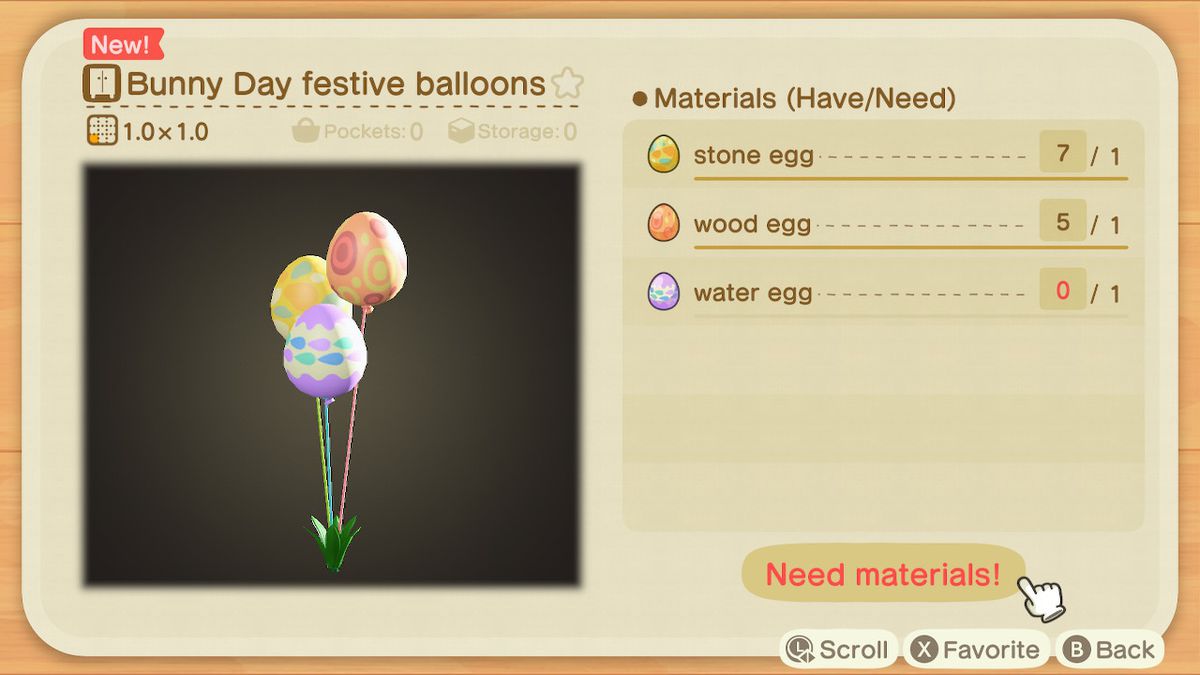 En hantverksskärm i Animal Crossing som visar hur man gör Bunny Day festliga ballonger