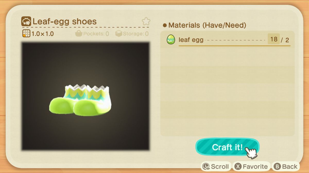 En hantverksskärm i Animal Crossing som visar hur man gör löväggskor