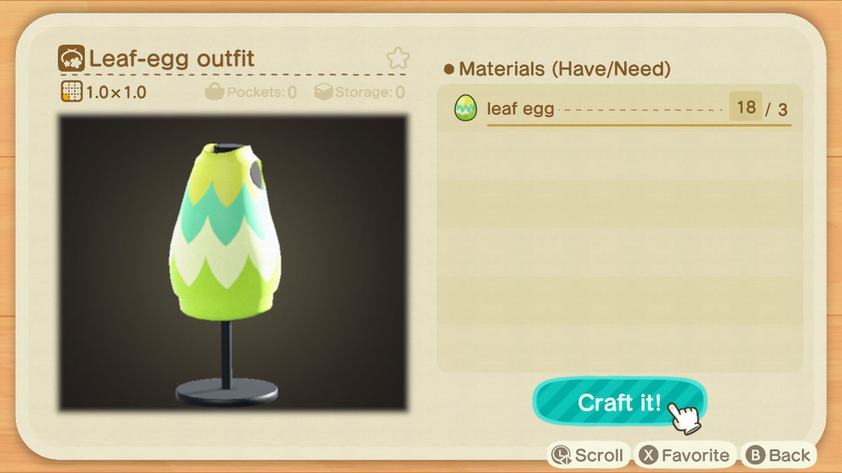 En hantverksskärm i Animal Crossing som visar hur man gör en Leaf-Egg Outfit