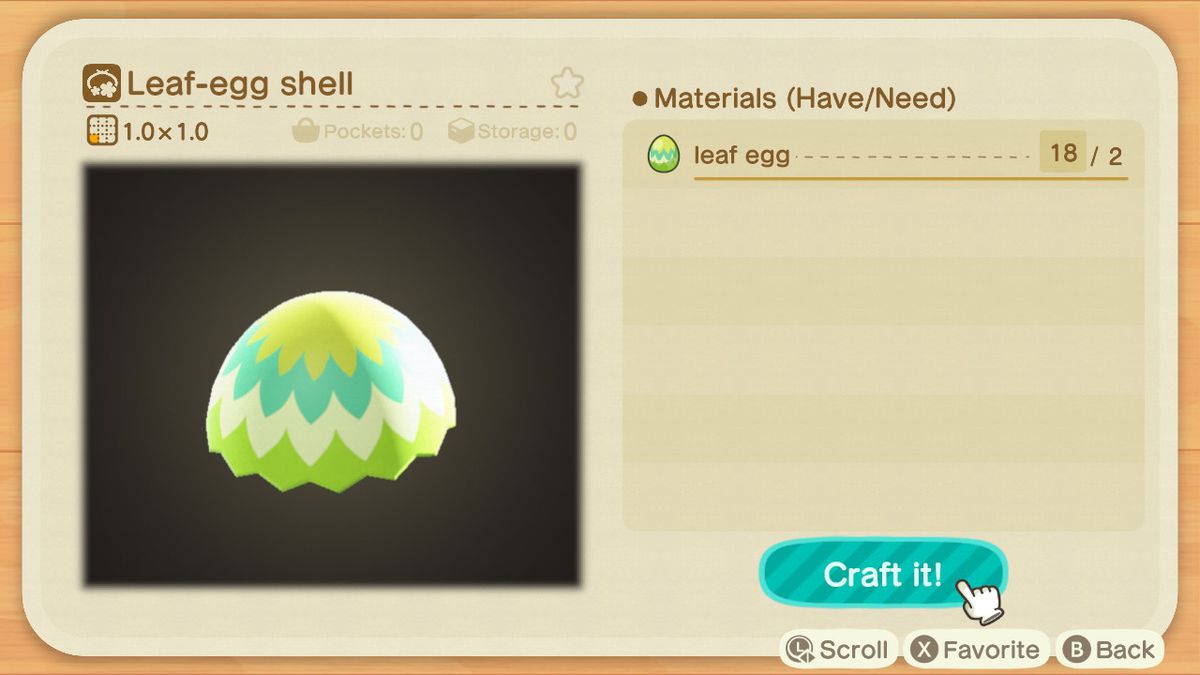 En hantverksskärm i Animal Crossing som visar hur man gör ett blad-äggskal