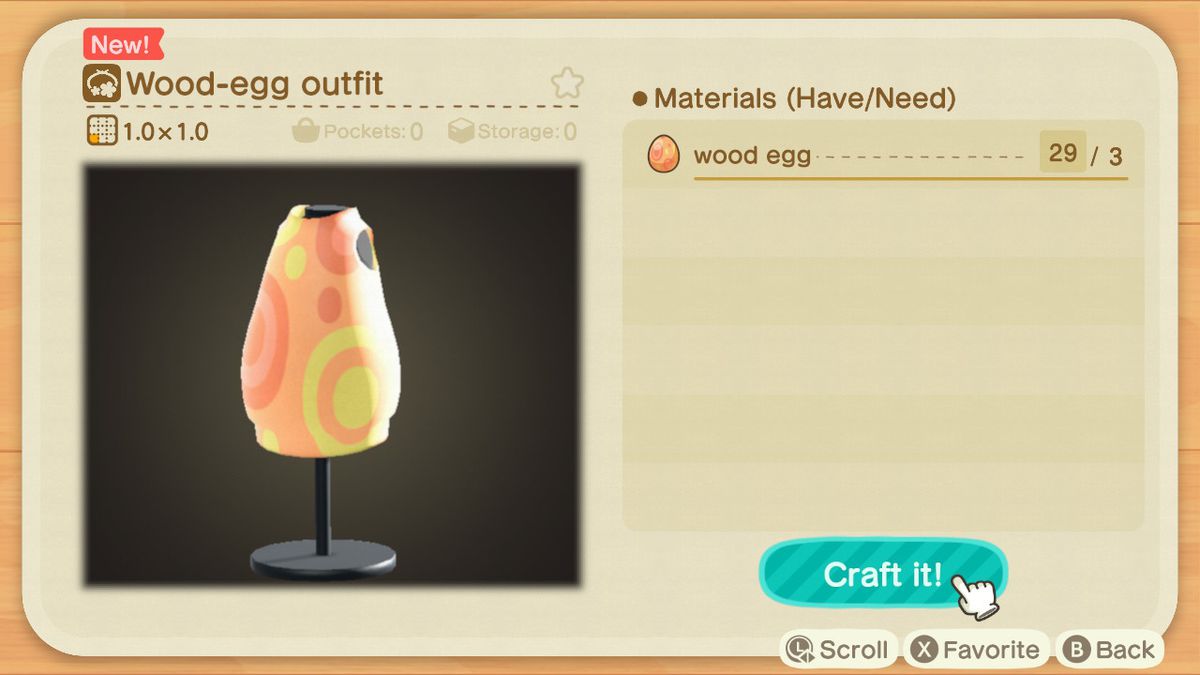 En hantverksskärm i Animal Crossing som visar hur man gör ett trääggskläder