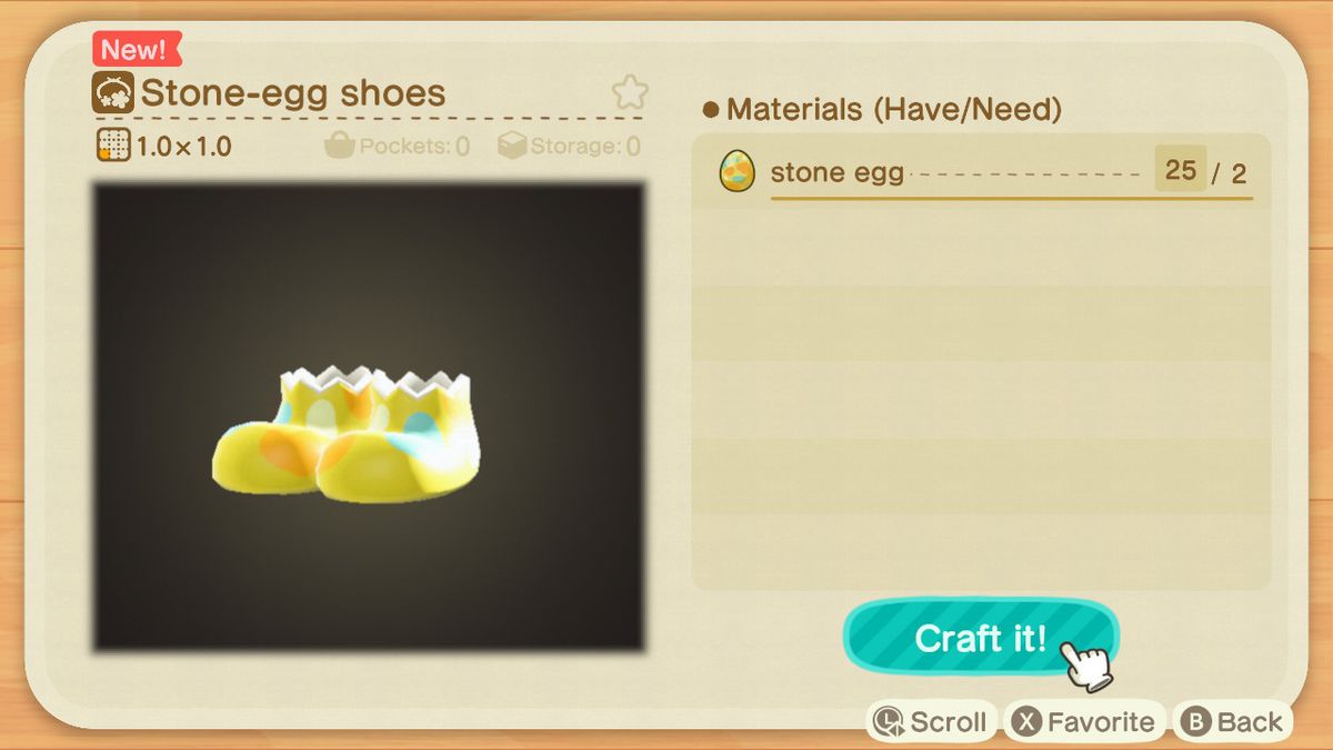 En hantverksskärm i Animal Crossing som visar hur man gör ett stenäggskor