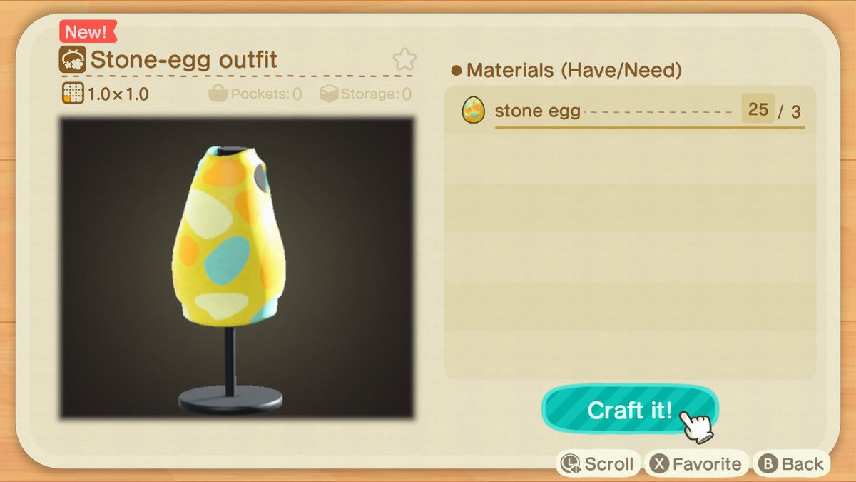 En hantverksskärm i Animal Crossing som visar hur man gör ett stenäggskläder