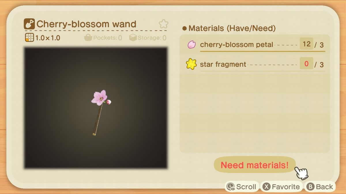 En hantverksskärm i Animal Crossing som visar hur man gör en Cherry-blossom Wand