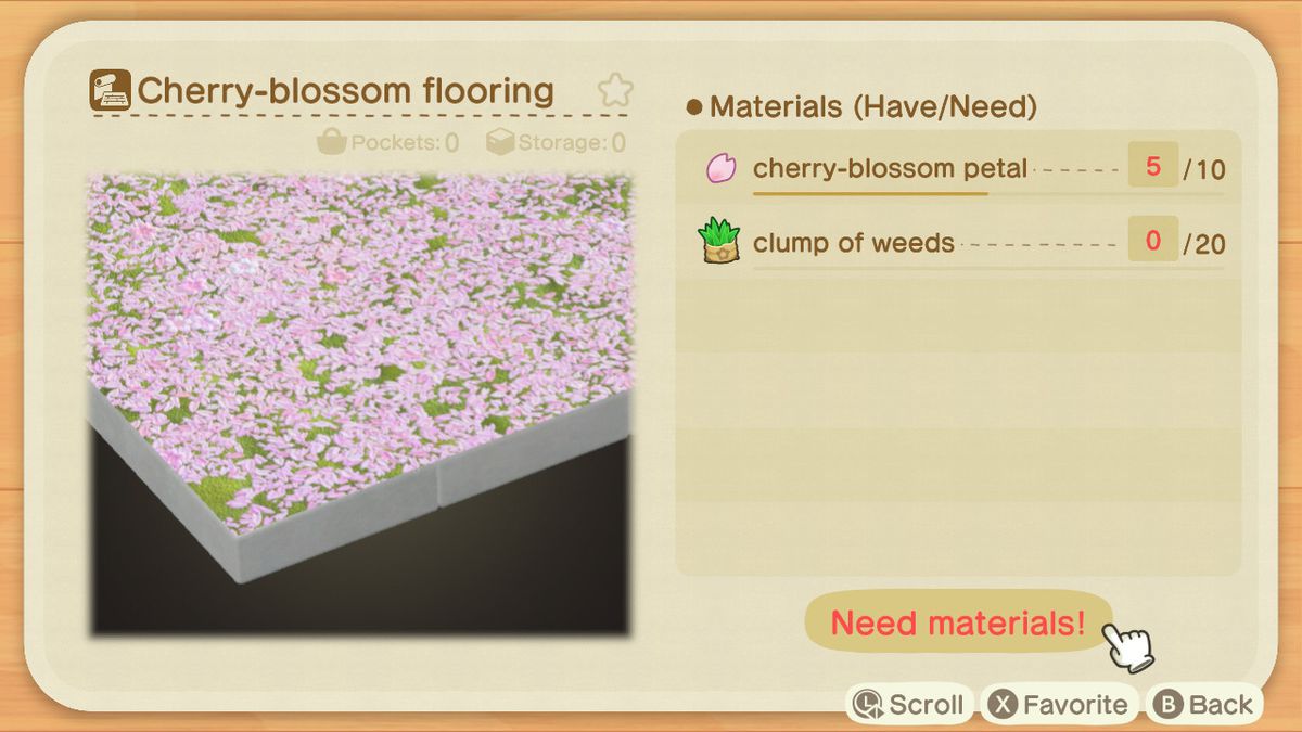 En hantverksskärm i Animal Crossing som visar hur man gör ett körsbärsblommigt golv