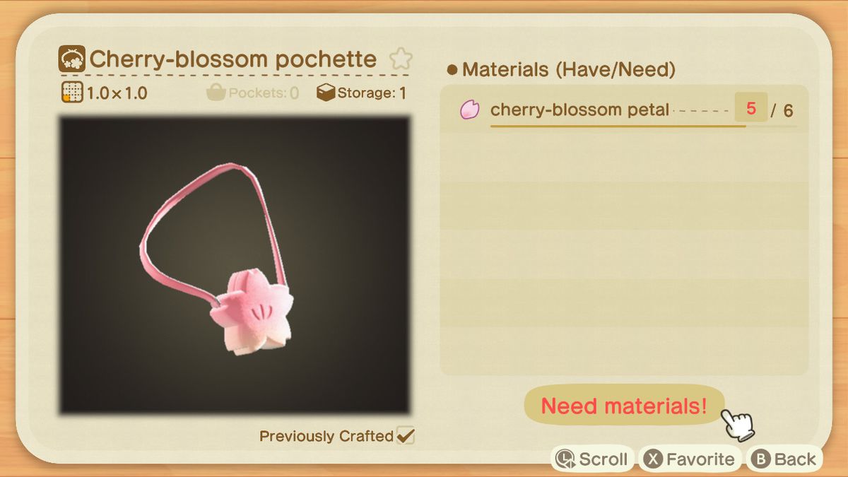 En hantverksskärm i Animal Crossing som visar hur man gör en Cherry-blossom Pochette