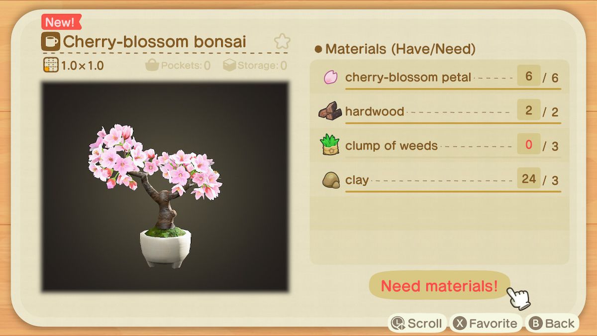 Ett Animal Crossing: New Horizons recept på en körsbärsblommig bonsai