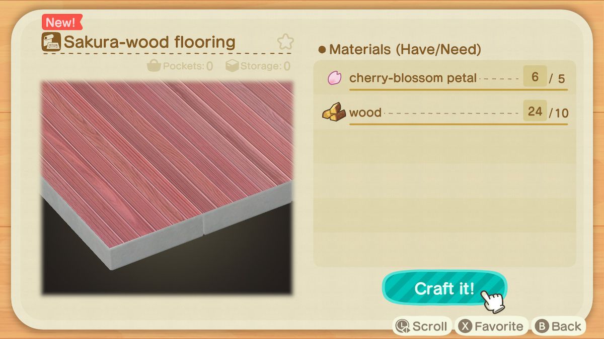 En Animal Crossing-skärm som visar vad du behöver för att göra ett Sakura-trägolv