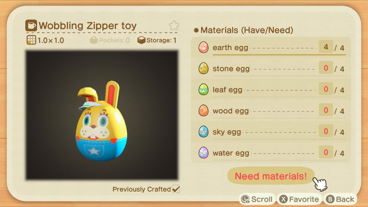 En skärm i Animal Crossing som visar hur man gör Wobbling Zipper Toy