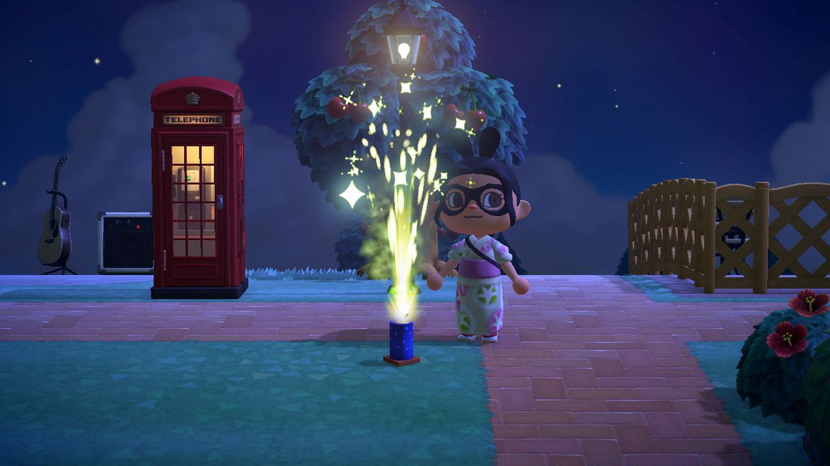 En Animal Crossing -karaktär står bakom ett fontänfyrverkeri som går