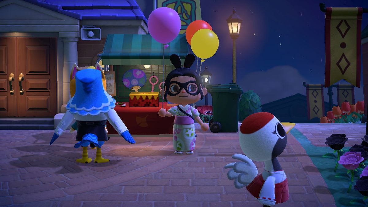 En Animal Crossing -karaktär innehar en rosa ballong